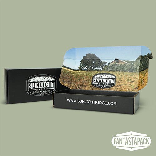 Custom black shipping box with artwork